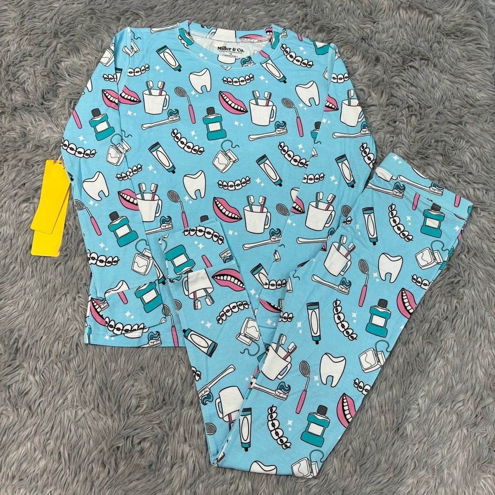 Miller & Co. Blue Tooth Dentist Pattern Bamboo Pajama Set Blue Kids 7/8 Unisex
